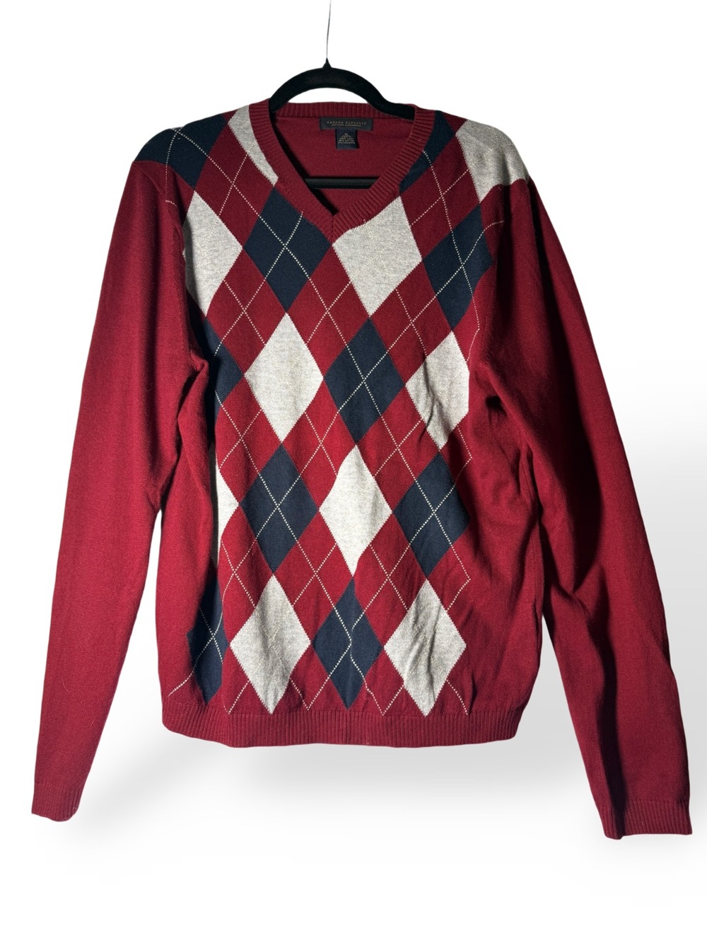 Banana Republic Red Argyle V-Neck Sweater with Navy and Cream Diamonds